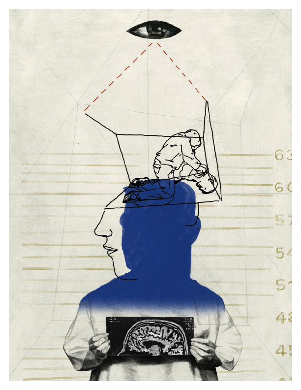 Illustration of a man holding an image of his brain, while in his head one man holds down another, with the all-seeing eye above them.
