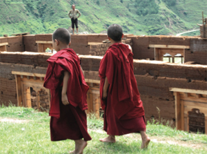 Two young Bhutanese boys, heads shaved and robed in red, walk along a grassy hillside.