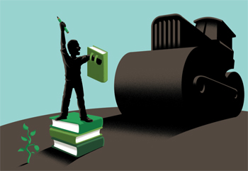 Illustration of a black figure standing on a pile of green books, standing between a sprouting planet and an black steamroller. He holds a green book as a shield and a pencil as a sword.
