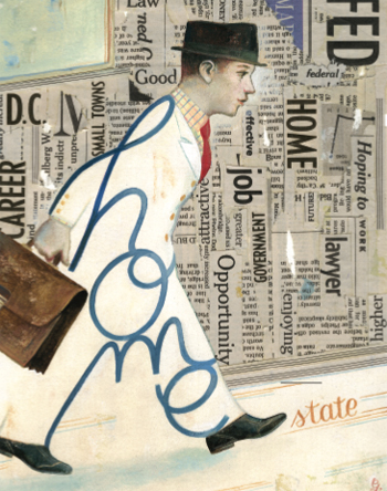 Illustration of man in white suit with briefcase and hat, walking at a slight incline upwards. Behind him, words like job, opportunity, government, enjoying, lawyer, home and hoping to work, stand out in newspaper text.