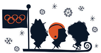 Illustration of three black heads in profile: a man with glasses and a hat, a younger man with an orange helmet, and a woman with her hair in a bun, attached to a sled with an Olympic flag attached. Snowflakes fall in the background.