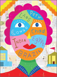 Illustration of a colorful, geometrical female face. The names of countries are inscribed on her face.