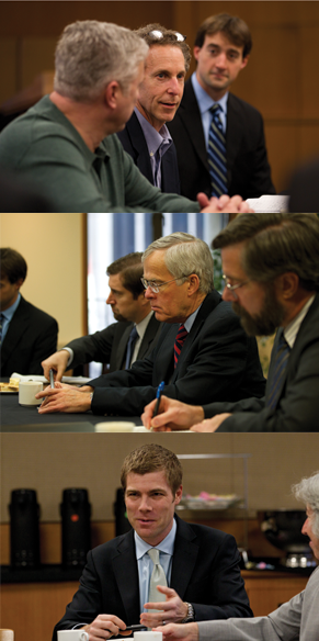 Photos of Dan Reicher, Senator Jeff Bingaman, Michael Wara and Deborah Sivas at a meeting hosted by Steyer-Taylor Center for Energy Policy and Finance for business, academic, and policy leaders