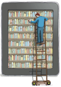 Illustration of a bookshelf melded into an iPad, for The Review Goes Digital