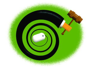Artwork depicting the arm of a judge, emerging from a computer mouse and holding a gavel. 