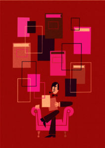 Illustration of a man on a pink armchair, smoking a pipe.