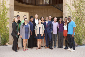 Senator Cory Booker poses with leaders of Stanford's Black Law Students Association and Dean M. Elizabeth Magill.