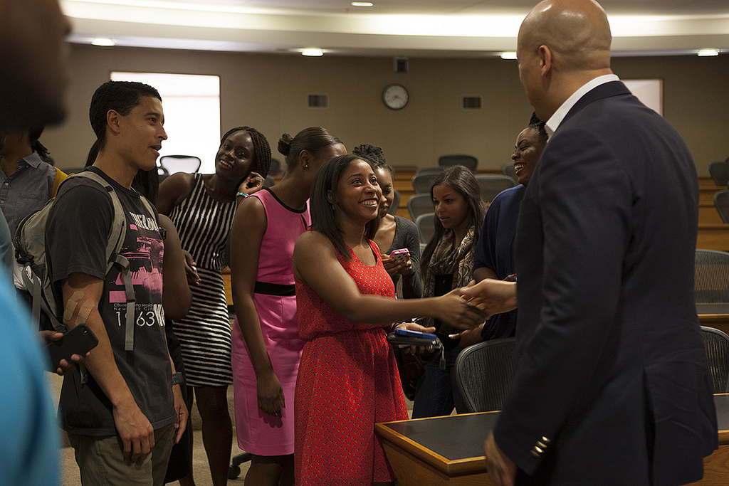 Senator Cory Booker greets Stanford Law students before sitting down to discuss race and social justice in America.