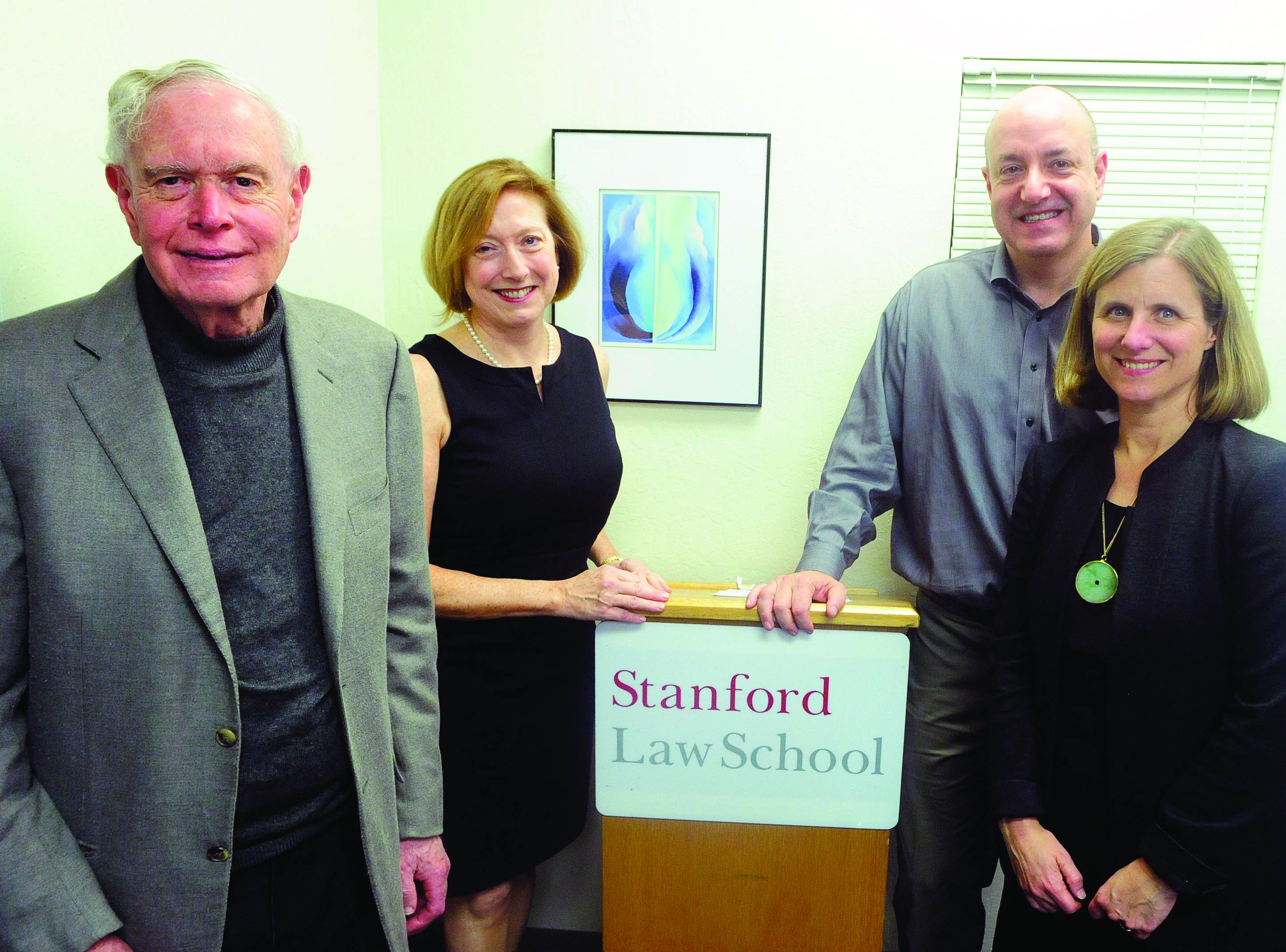 Three former Stanford Law deans with the current dean: (l-r) Paul Brest, Kathleen Sullivan, Larry Kramer, and Elizabeth Magill
