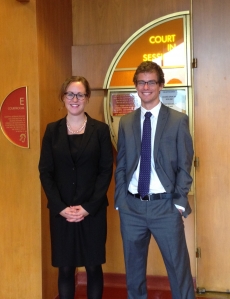 Rose Stanley (JD '16) and Philip Womble (JD '16/PhD '18) argue in Marin Superior Court (Dec. 2014)