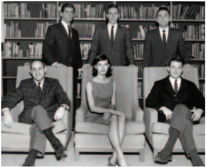 STANFORD LAW REVIEW, 1964. BACK ROW, FROM LEFT: BRUCE GITELSON ’64 (BA ’62), ROBERT JOHNSON ’64, PAUL ULRICH ’64, FRONT ROW: RICHARD ROTH ’64 (BA ’61), BROOKSLEY BORN ’64 (BA ’61), JAMES GAITHER ’64