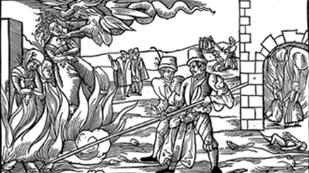 Illustration of burning of witches, 1555.