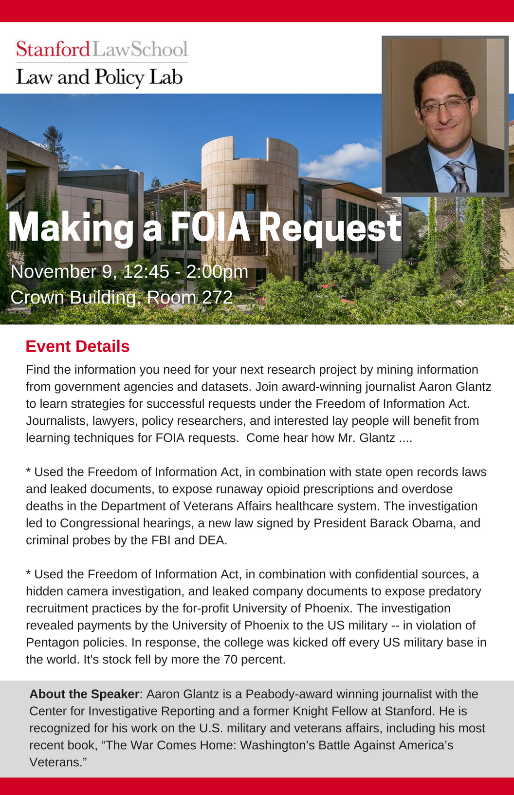 The Stanford Law and Policy Lab Presents "Making a FOIA Request" with Aaron Glantz