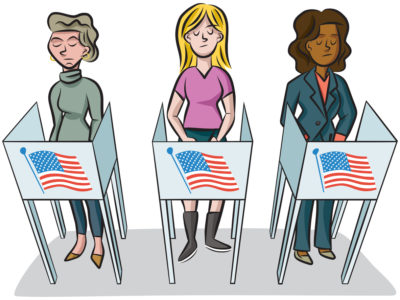 A diverse group of women cast their votes in an American election.