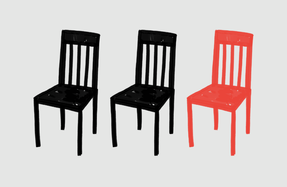 Report Cover: Addressing the Peril: Illustration wit three chairs (two left black, right red).