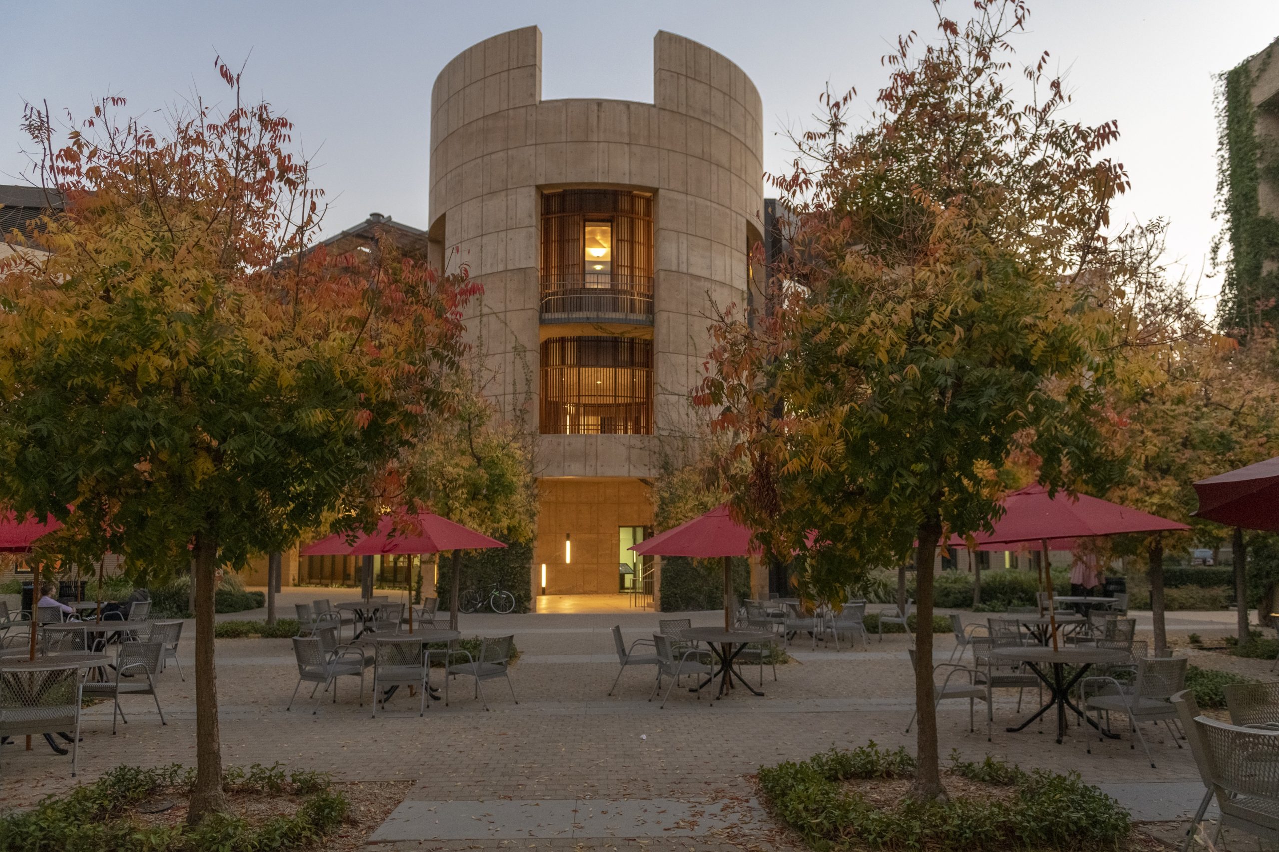 Law school buildings in autumn. William H. Neukom Building, Barnum Tower.