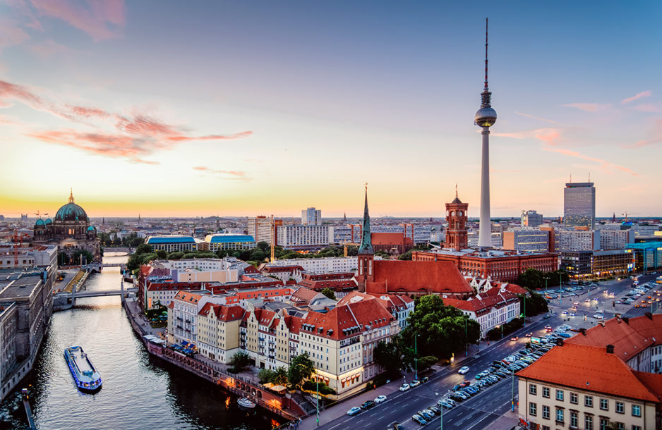 Skyline of Berlin (Germany) with TV Tower at dusk