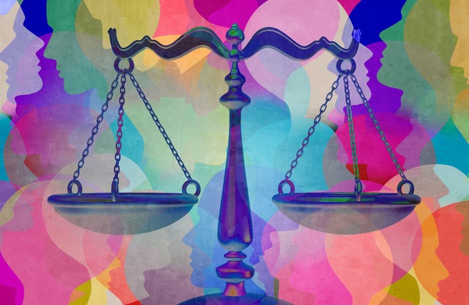 Illustration - scales of justice with multi-color overlapping faces in background.