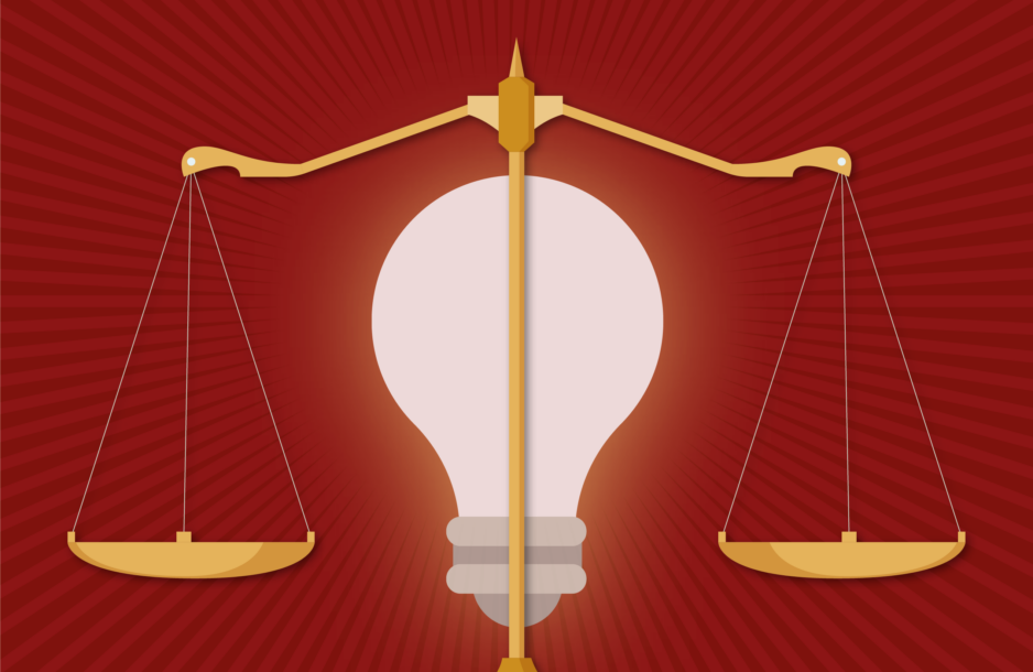 Illustration featuring scales of justice and a light bulb.