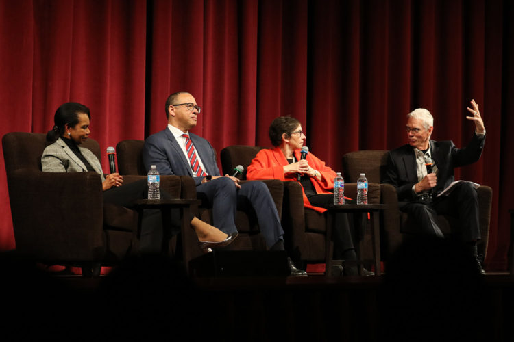 Panelists (left to right) Condoleezza Rice, Jonathan Holloway, and Pamela Karlan spoke with moderator Josiah Ober about actions Stanford student undergraduates can take to strengthen democracy and make the most of their studies. (Image credit: Bowen Jiang)