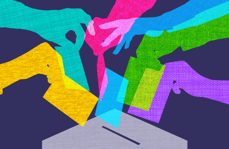 overlapping silhouettes of hands voting