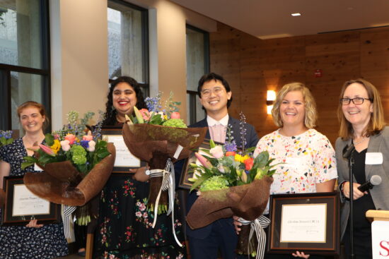 Leon M. Cain Community Service award winners and Dean Jenny Martinez (left to right: Charlotte Finegold, Amanpreet Singh, Royce Chang, Christine Strauss and Dean Jenny Martinez)