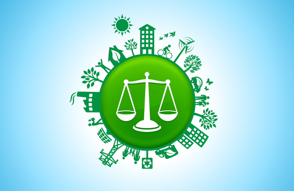 Vector illustration - justice scales and green energy concepts.