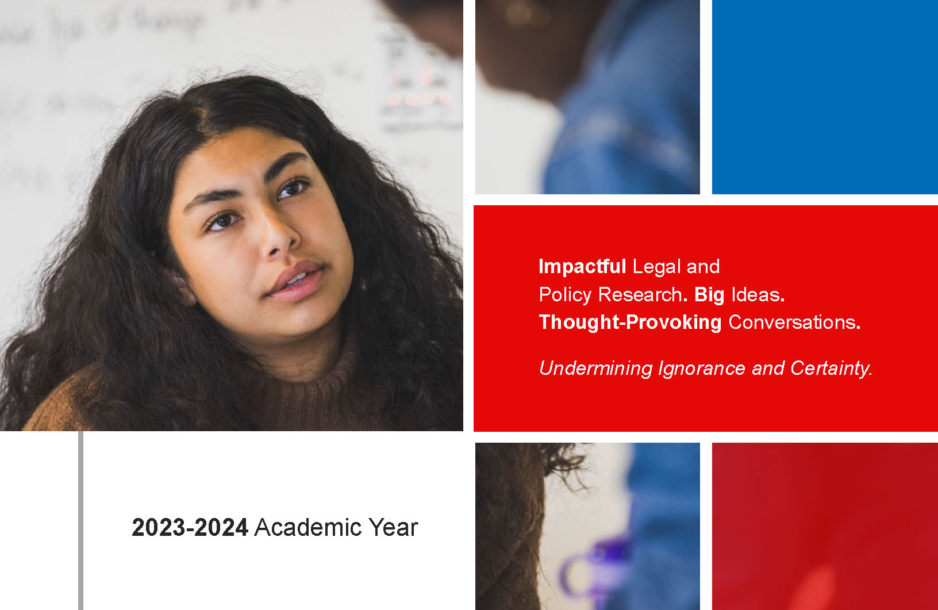 Report Cover: Stanford Center for Racial Justice Annual Report: Impactful Legal and Policy Research. Big Ideas. Thought-Provoking Conversations. Undermining Ignorance and Certainty. 2023-2024 Academic Year.