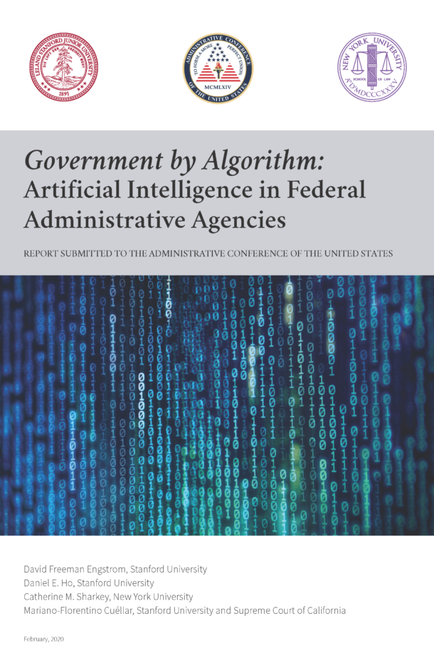 Administering by Algorithm: Artificial Intelligence in the Regulatory State Report Cover (Image of binary code on computer screen).