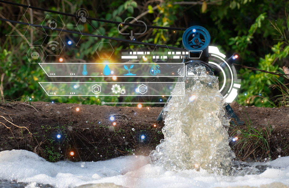 Smart farm digital icon and futuristic AI data infographic of watering of nature rice field.