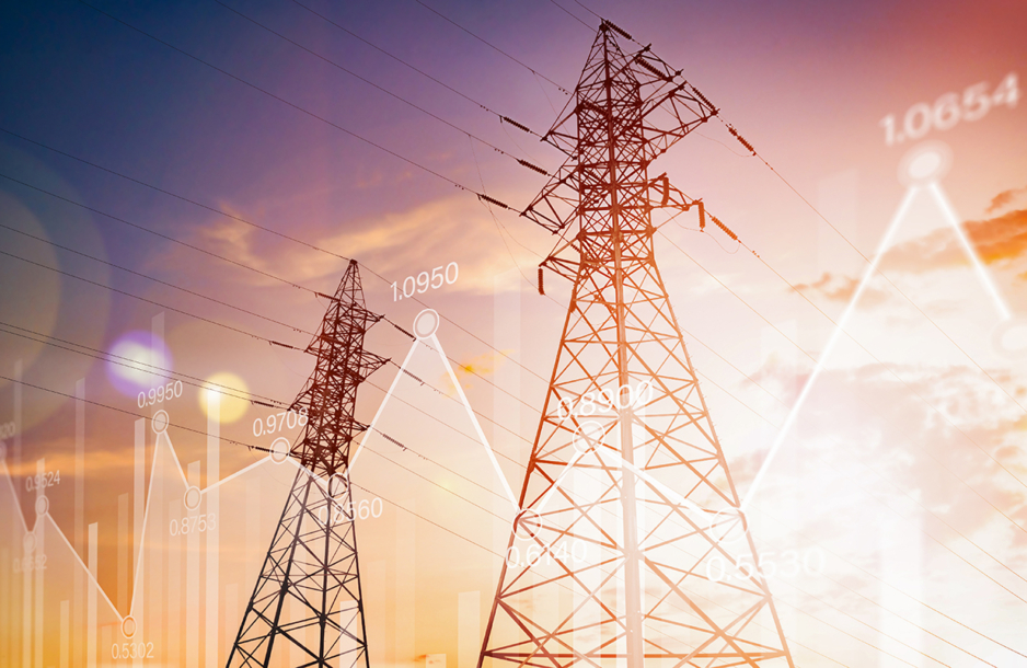 Two high-voltage power lines against the backdrop of the sunset sky with graphs of electricity consumption statistics.