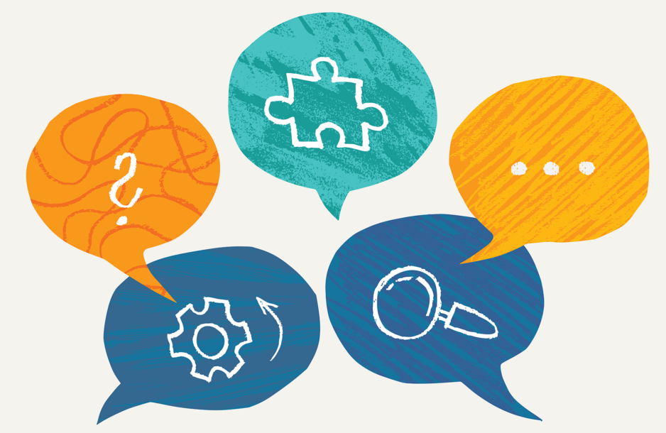 Illustrated speech bubbles with puzzle piece.
