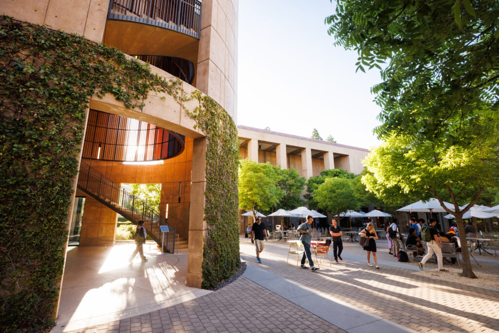 Stanford Law School's Neukom tower and Crocker Garden in the afternoon