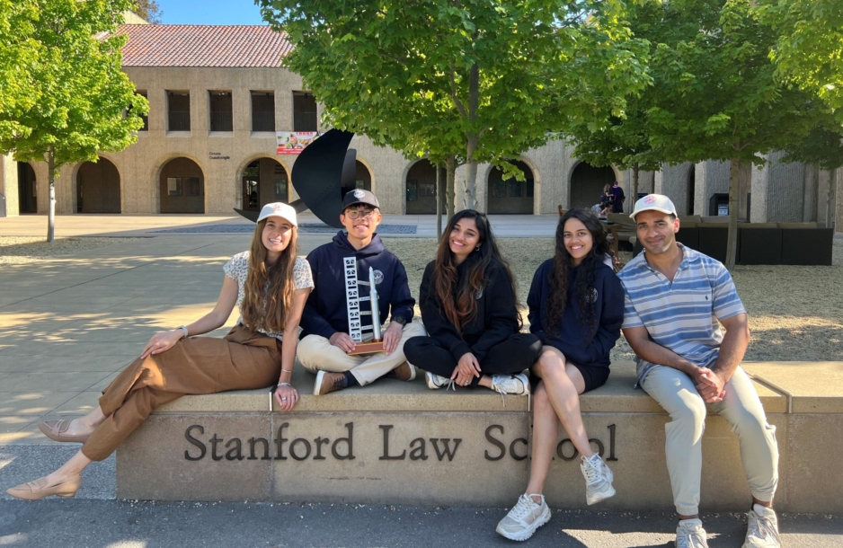 Founding executive board members of the Stanford Space Law Society, left to right: Samantha Potter, Cody Chenxi Wang, Radhey Soundarya Gnanesh, Ruchira Naik, and Kalon Joseph Boston / Photo by David Sacks, JD’25
