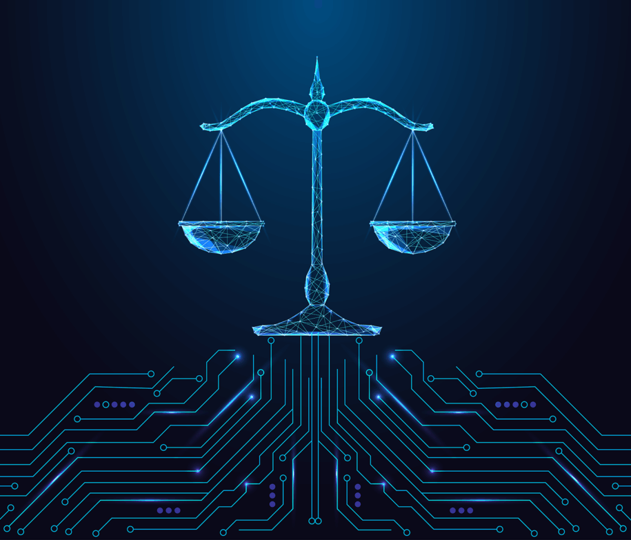 Illustration of digitized scales of justice; AI concept.