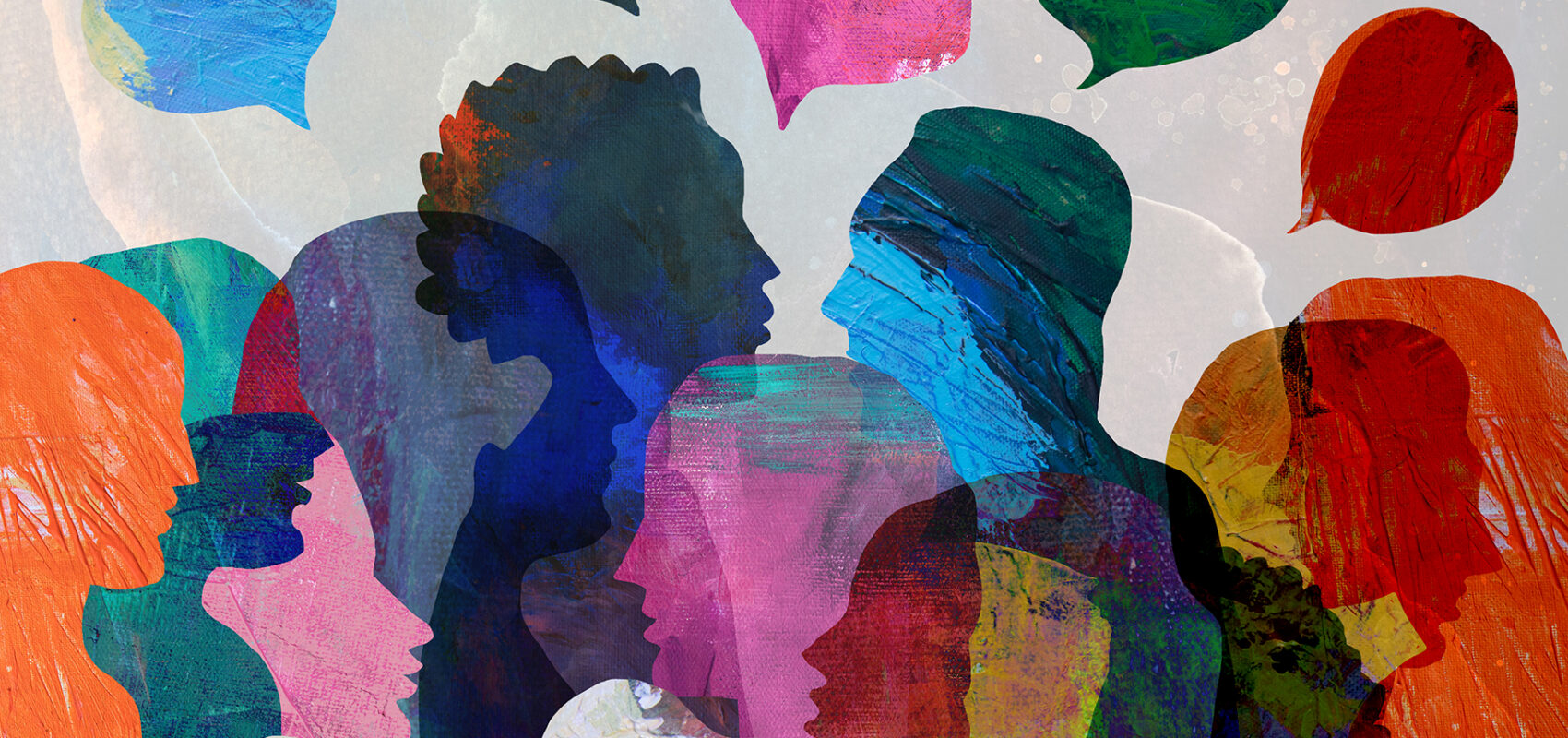 Illustration: Group of diverse people profile view hand drawn silhouettes talking.