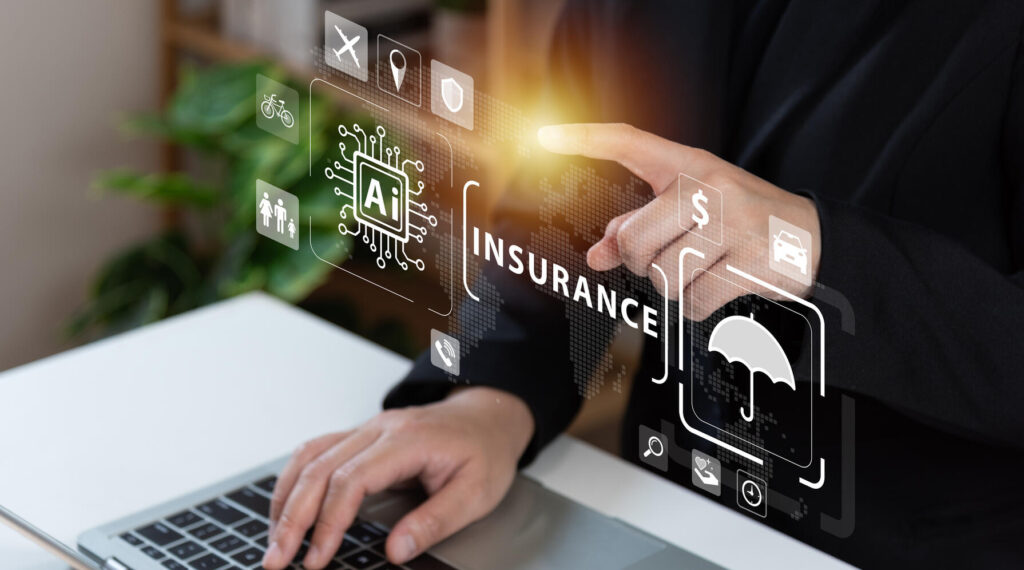 Businessman using laptop with AI tech auto insurance service concept, travel insurance data management, fast solve problem, service, digital transformation, protection, digital application.