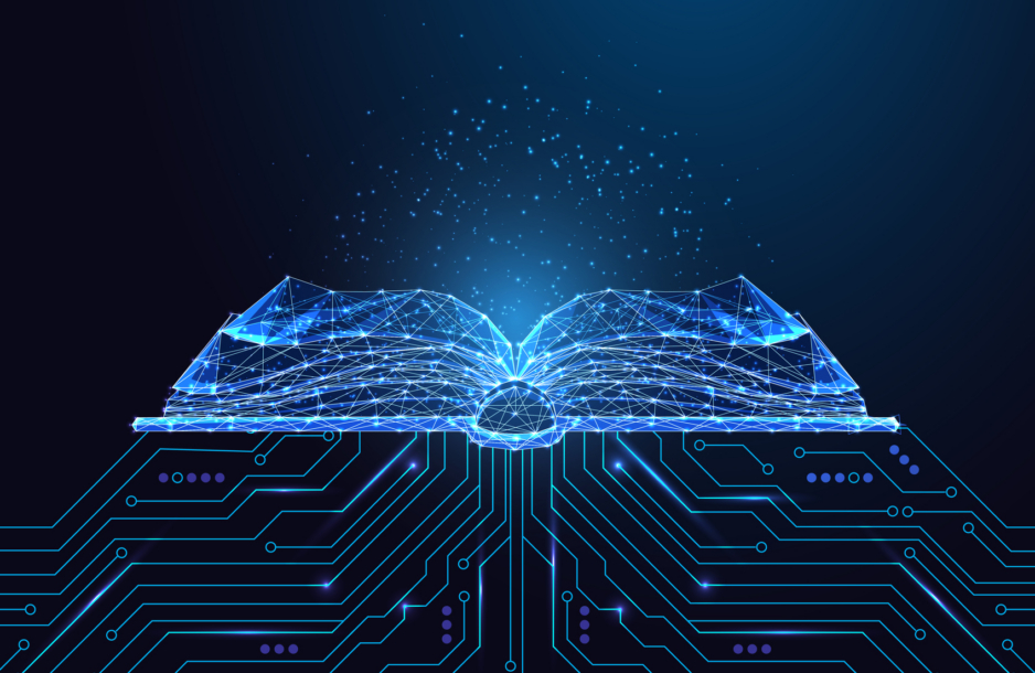 Futuristic glowing open book on circuit board symbolizing AI education, smart learning, e-knowledge