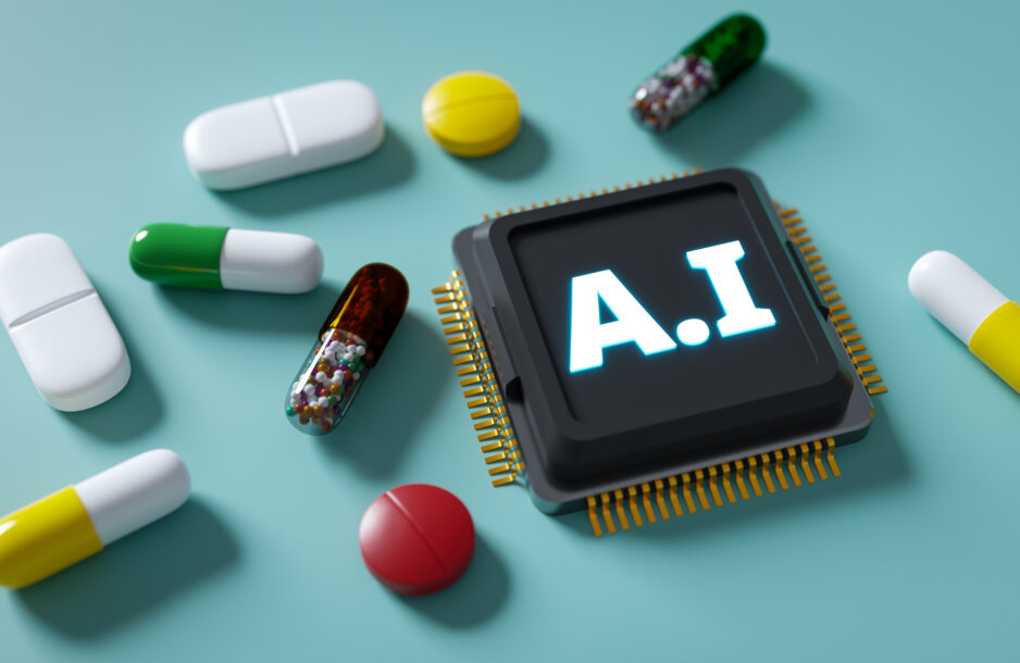 Using AI in drug discovery to create new drug candidates. 3d rendering