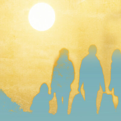 Illustration of refugees and migration - silhouettes of families.