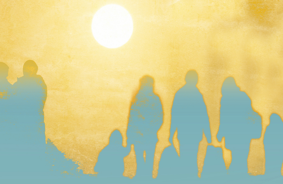 Illustration of refugees and migration - silhouettes of families.