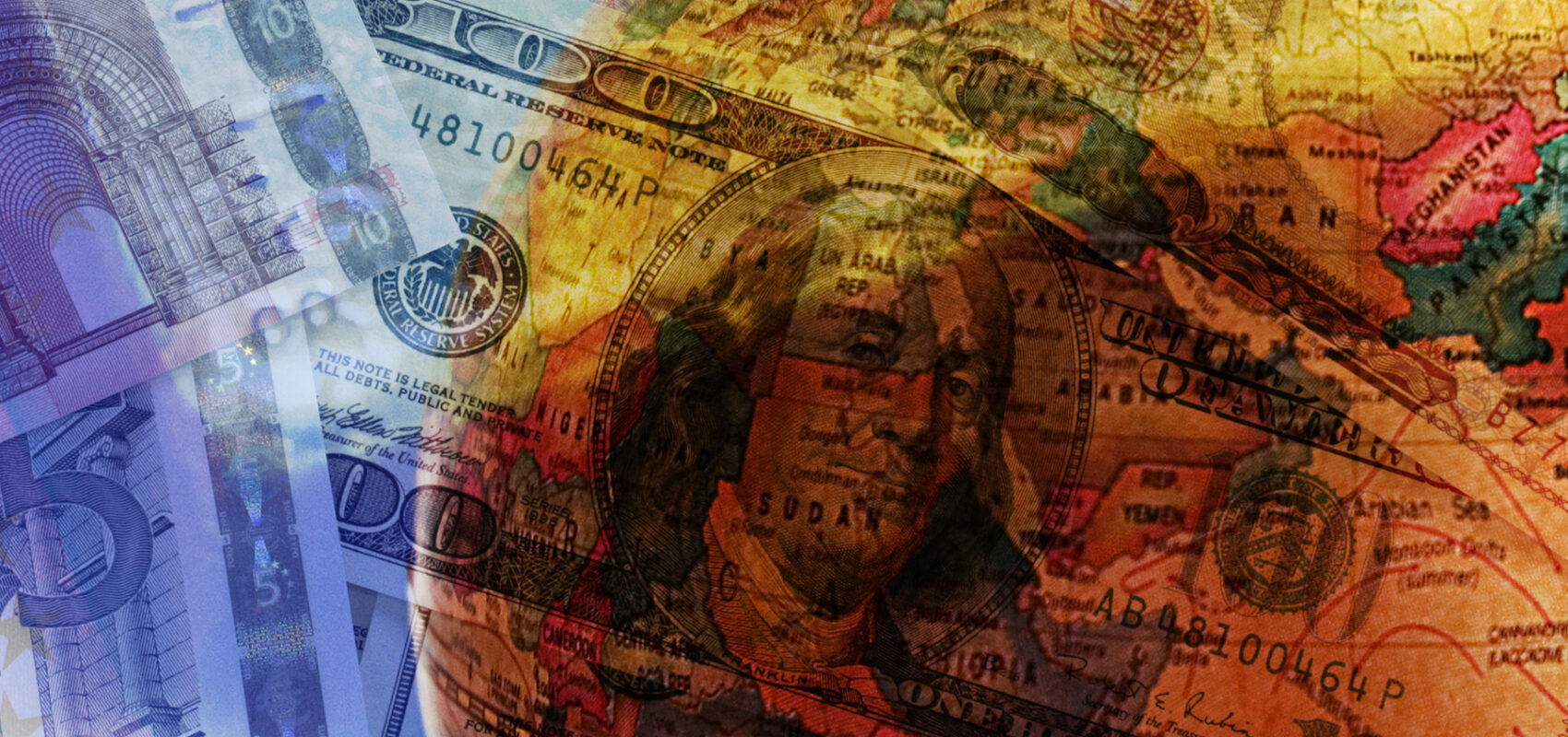 Image of a globe overlayed with currency from different countries.