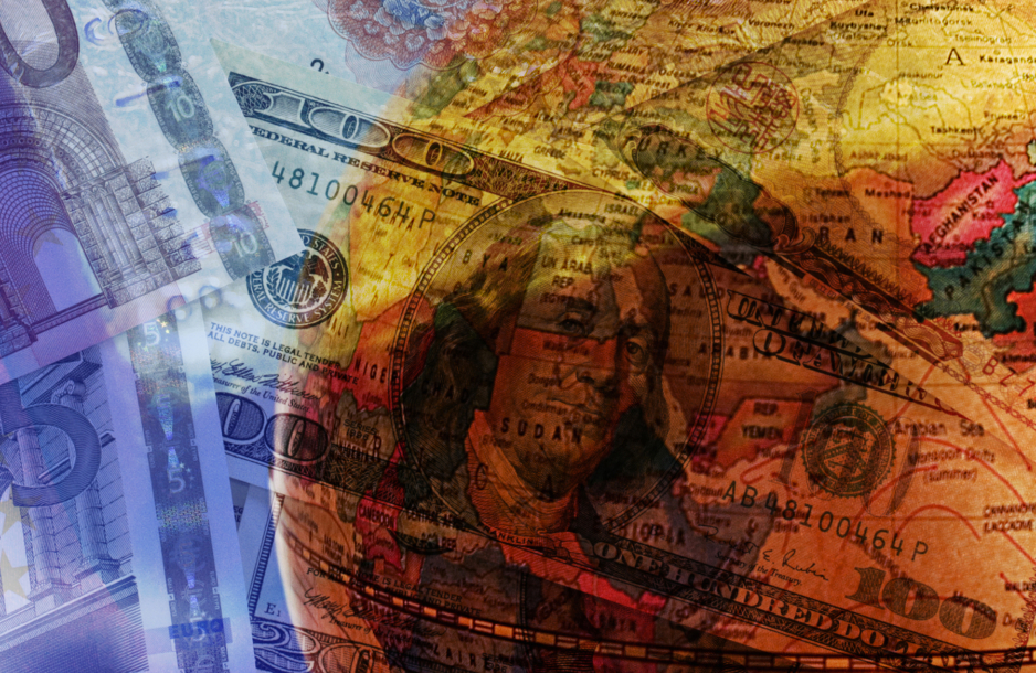 Image of a globe overlayed with currency from different countries.